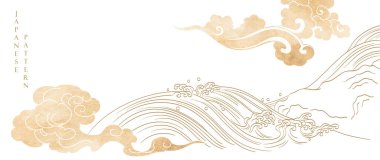 Japon arka planı Çin bulutu ve kahverengi suluboya doku element vektörü. El çizimi doğal dalga deseni ve okyanus dekorasyonu afişi klasik tarzda dizayn edilmiş. Denizci şablonu.