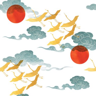 El çizimi Çin bulutu ve Japonların kusursuz desen vektörü. Turna kuşu unsurlu oryantal dekorasyon. El ilanı, afiş veya klasik tarzda sunum. Geometrik simgelerle suluboya dokusu