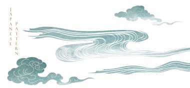 Japonca arkaplan ve suluboya doku element vektörü. Mavi oryantal doğal dalga deseni, okyanus deniz dekorasyonu pankart tasarımı, klasik tarzda. Denizci şablonu.