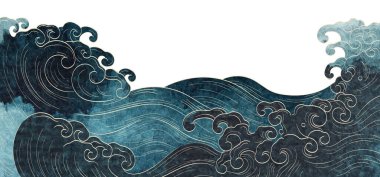 Blue texture with Japanese ocean wave pattern in vintage style. Abstract art landscape banner design with watercolor texture vector. clipart