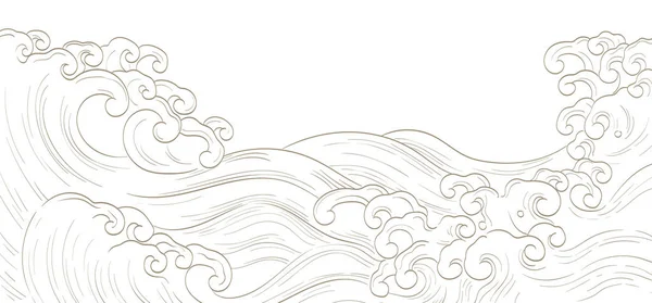 日本背景与东方自然波浪图案与海洋装饰旗帜设计的老式风格 海洋模板 框架边界 — 图库矢量图片