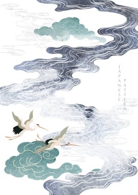 El dalgası gri doku vektörüyle Japon arka planı. Şakayık çiçeği, el çizimi Çin bulut süslemeleri klasik tarzda. Sanatsal afiş tasarımlı turna kuşu ögesi. 