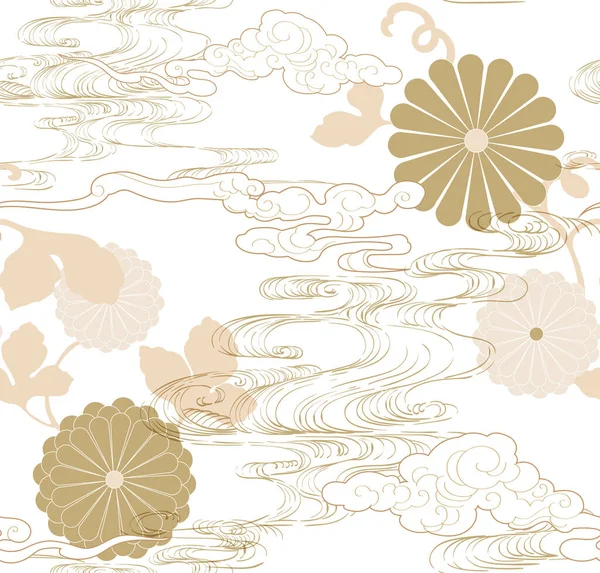 Bloemen Golven Wolken Naadloze Achtergrond Met Japanse Patroon Vector Gouden — Stockvector
