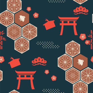 Japonca kusursuz desenli Asya simgeleri. Geometrik modern grafik elementler vektörü. Akan sıvı şekilli soyut pankartlar. Logo tasarımı, el ilanı veya sunum için şablon. 