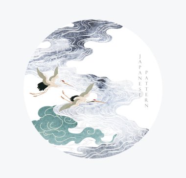 Turna kuşu vektörü. Suluboya desenli Japon arkaplanı. Çin bulut süsleme pankartı tasarımı ile klasik tarzda doğulu doğal dalga deseni. 