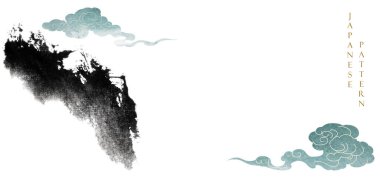 Eski tarz mavi suluboya desenli Çin bulut süslemeleri. Dağ ve okyanus ile el yapımı dalga elementleri olan soyut sanat manzarası