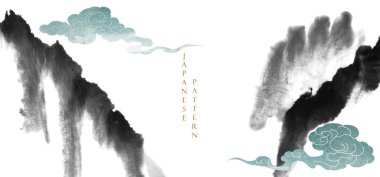 Eski tarz mavi suluboya desenli Çin bulut süslemeleri. Dağ ve okyanus ile el yapımı dalga elementleri olan soyut sanat manzarası