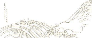 El çizimi dalga elemanları vektörüyle Japon arka planı. Altın el çizgisi deseni ile okyanus nesnesi klasik tarzda çizilmiş