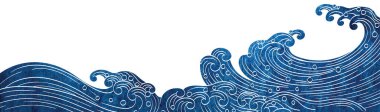 Klasik tarzda Japon okyanus dalgası desenli mavi fırça darbesi dokusu. Suluboya doku vektörlü soyut sanat afiş tasarımı. El çizimi çizgi