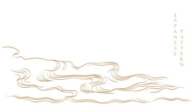 Japon şablon vektörlü el çizimi bulut kümesi. Orijinal dekorasyon, logo tasarımı, el ilanı veya klasik tarzda sunum. Fuji dağı, bambu, geometrik şekilli bonsai ağacı elementi.