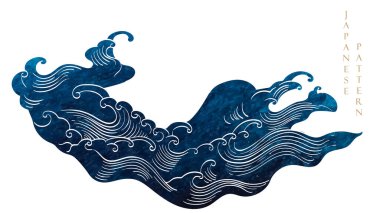 Klasik tarzda Japon okyanus dalgası desenli mavi fırça darbesi dokusu. Suluboya doku vektörlü soyut sanat afiş tasarımı