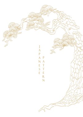 Bonsai ağacının el çizimi dalı ya da Japon desenli çam ağacı. Logo tasarımı, el ilanı veya klasik tarzda sunumlu oryantal dekorasyon.