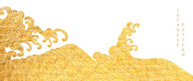 Japon arka planı, el çizimi, altın rengi dalga dokusu vektörü. Klasik tarzda el çizimi dalga dekorasyonları.