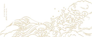 El çizimi dalga elemanları vektörüyle Japon arka planı. Eski usul okyanus nesnesi ile altın çizgili desen