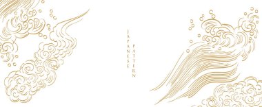 Japon şablon vektörlü el çizimi bulut kümesi. Orijinal dekorasyon, logo tasarımı, el ilanı veya klasik tarzda sunum. Fuji dağı, bambu, geometrik şekilli bonsai ağacı elementi