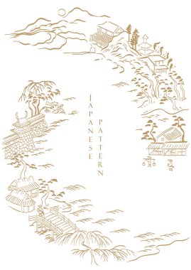 Geleneksel Asya ikon vektörü ile Japon arka planı. Kiraz çiçeği ve şakayık çiçeği, dalga deseni, bambu ve kurdele elementleri. Vintage biçiminde geometrik desen.
