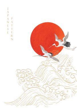 Vinç kuşlarının dekorasyon vektörüyle Japon arka planı. Doğu tarzında kırmızı daire şekilli el dalgası.