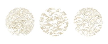 Soyut simge vektörü ile Japon dalga arka planı. Geometrik elementli Japon okyanus deseni. Doğu tarzında deniz düzeni tasarımı.