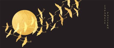 Altın turna kuşu vektörü. Suluboya desenli Japon arkaplanı. Doğal dalga ve güneş elementi dekorasyon afişi klasik tarzda tasarlandı.