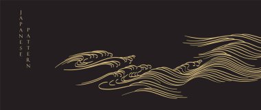 Abstract landscape with gold Japanese wave pattern vector. Nature art black background with Chinese wave banner design style.	