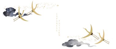 Vinç kuşları ya da balıkçıl element vektörü olan Japon arka planı. El yapımı Çin tarzı bulut süslemeleri. Soyut pankart tasarımı ile suluboya resim.