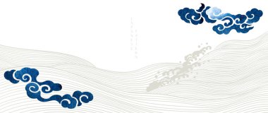  Japon okyanus dalgalı mavi fırça dokusu Çin bulut desenli klasik tarzda. Suluboya doku vektörlü soyut sanat afiş tasarımı. El çizimi çizgi.
