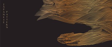  Japon arka planı ve altın çizgi dalga modeli vektörü. Geometrik desenli siyah soyut şablon. Doğu tarzında dağ yerleşimi tasarımı.