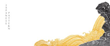 Japon arka planı, el çizimi, altın ve siyah doku vektörü. Şelale süslemeleri klasik tarzda.