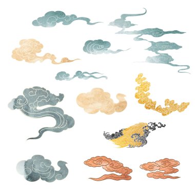 Mavi, altın ve kahverengi fırça darbesi dokusu, Çin bulut desenli, klasik tarzda. Suluboya doku vektörü olan doğa elementleri tasarımı.