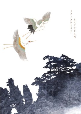 Vinç kuşları ya da balıkçıl element vektörü olan Japon arka planı. Siyah suluboya resim desenli ağaç silueti süslemeleri. Soyut sanat afişi tasarımı.