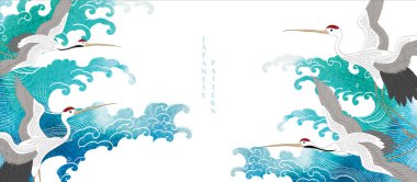 Turna kuşu desenli, okyanus dalgası dekorasyonlu afiş tasarımı klasik tarzda. Japon arka planında mavi suluboya desenli element vektörü var. Denizci şablonu.