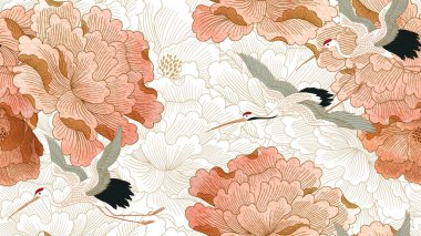 Şakayık çiçekli turna kuşları. Suluboya desenli Japon arkaplanı. Orijinal doğal desenli, çiçek desenli pankart tasarımlı, klasik tarzda.. 