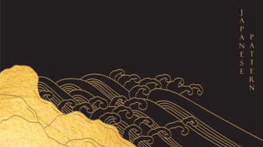 El çizimi dalga elemanları vektörüyle Japon arka planı. Altın çizgili desenli, eski usul bir okyanus nesnesi. Soyut sanat afişi tasarımı