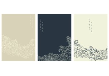 Japon arkaplanı ve okyanus deseni vektörü. Geometrik dalga desenli soyut şablon. Doğu tarzında deniz yerleşimi tasarımı