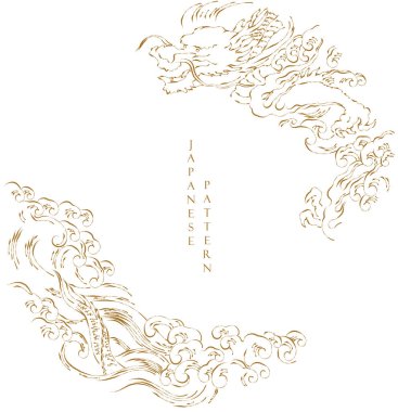 Ejderha eli çizilmiş çizgi vektörü. Japon tarzında şanslı hayvan geçmişi.