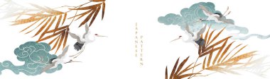 Japanese background with crane birds or herons element vector. Hand drawn wave and bamboo leaf decorations in vintage style. Watercolor painting with art abstract template design.	