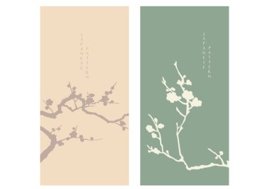 Japon desen vektörlü bir çiçek dalı seti. Klasik stil logo tasarımı, el ilanı veya sunum ve kart tasarımlı oryantal dekorasyon.