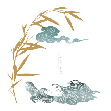 Japon şablonu bambu yapraklı Çin bulutu ve el çizimi dalga vektörü. Soyut arkaplan çizimi. Eski tarzda suluboya desenli pankart.