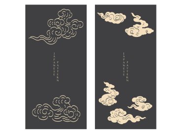 Japon şablon vektörlü el çizimi bulut kümesi. Orijinal dekorasyon, logo tasarımı, el ilanı veya klasik tarzda sunum. Kart tasarımında doğal fırın.