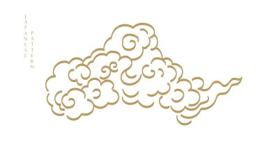 Japon desen vektörüyle el çizimi bulut. Orijinal dekorasyon, logo tasarımı, el ilanı veya klasik tarzda sunum. Fuji dağı, bambu, geometrik şekilli bonsai ağacı elementi.