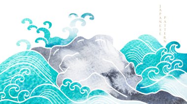 Japonca arkaplan ve suluboya doku element vektörü. Oriental el, okyanus deniz dekorasyonu pankart tasarımlı klasik tarzda doğal dalga deseni çizdi. Denizci şablonu.
