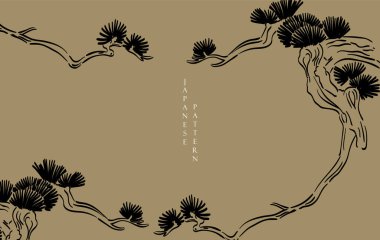 Geleneksel Asya ikon vektörü ile Japon arka planı. Bonsai ağacı veya çam ağacı desenli elementler. Eski usul tebrik kartı