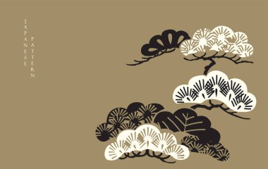 Geleneksel Asya ikon vektörü ile Japon arka planı. Siyah ve beyaz bonsai ağacı veya çam ağacı elementleri. Klasik tarzda kahverengi arka planlı doğal sanat. (Çoklu değerler)