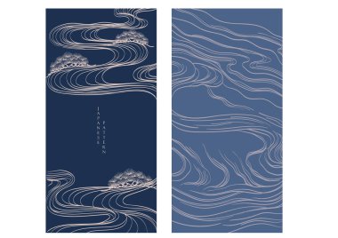 Japon model vektörüyle el çizimi dalga. Soyut sanat arka planı, klasik tarzda. Çin yeni yıl afişi ve kart tasarımı. Eski şablondaki çağdaş kart tasarımı