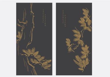 Geleneksel Asya ikon vektörü ile Japon arka planı. Bonsai ağacı, Çam ağacı element deseni, geometrik desenli, klasik tarzda.