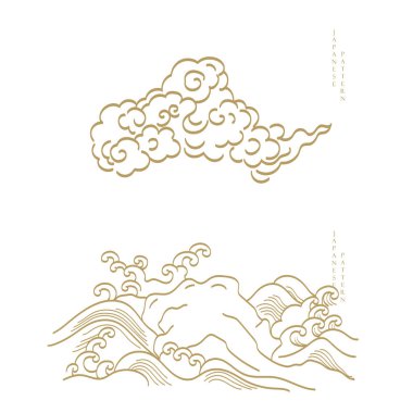 Japon dalga desen vektörlü soyut manzara. Çin dalgası ve doğu tarzında bulut şablonu olan doğa sanatı arka planı.