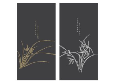 Orkide çiçeğinin elle çizilmiş bir dalı ve çizgi desenli bir çiçek kartı. Japon model vektörü. Logo tasarımı, el ilanı veya klasik tarzda sunumlu oryantal dekorasyon.