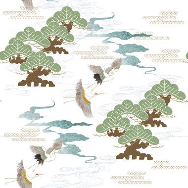 Kusursuz desenli turna kuşları ve geleneksel Japon desenli çam ağacı. Çin manzara resmi estetik.