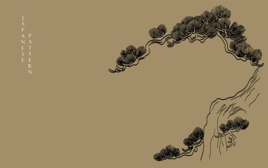 Siyah ve beyaz bonsai ağacı veya çam ağacı elementleri. Geleneksel Asya ikon vektörü ile Japon arka planı. Eskici tarzda kahverengi arka planlı doğal sanat.