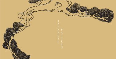 Siyah ve beyaz bonsai ağacı veya çam ağacı elementleri. Geleneksel Asya ikon vektörü ile Japon arka planı. Klasik tarzda kahverengi arka planlı doğal sanat. Bonsai ağaç elementi